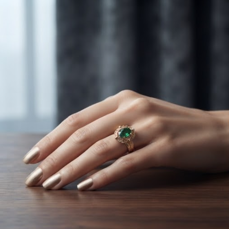 Oval Emerald Leaf Filigree Gold Ring