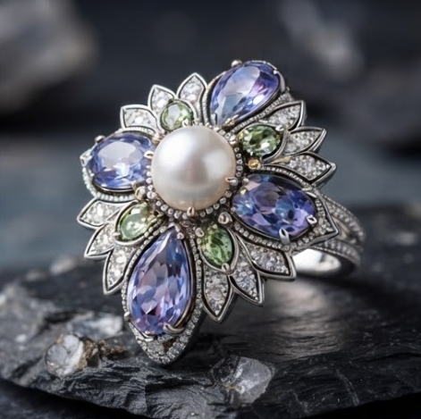 Pearl and Multi-Gemstone Floral Silver Ring