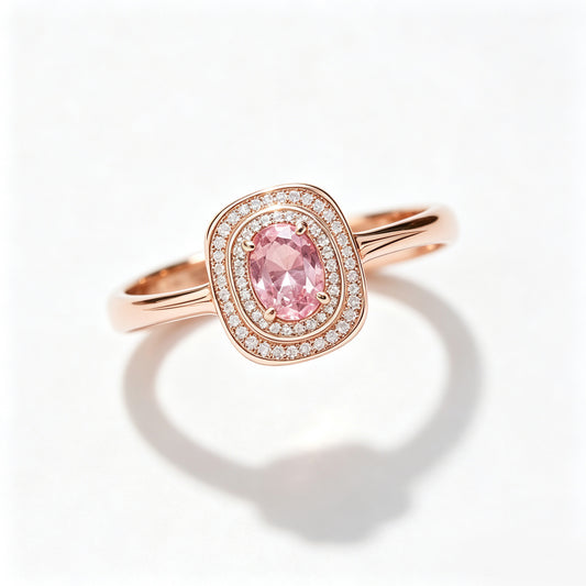 Oval Pink Sapphire Double Halo Rose Gold Ring