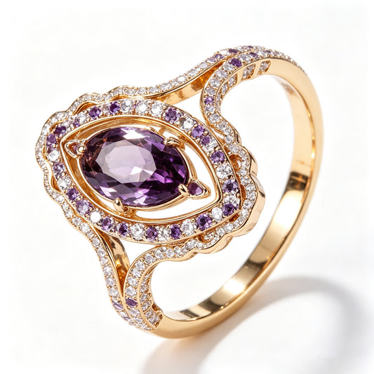 Marquise Amethyst Scalloped Halo Gold Ring