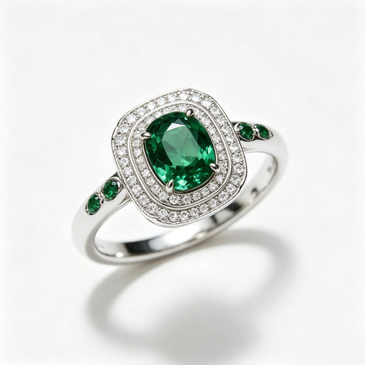 Oval Emerald Double Halo Accent Silver Ring