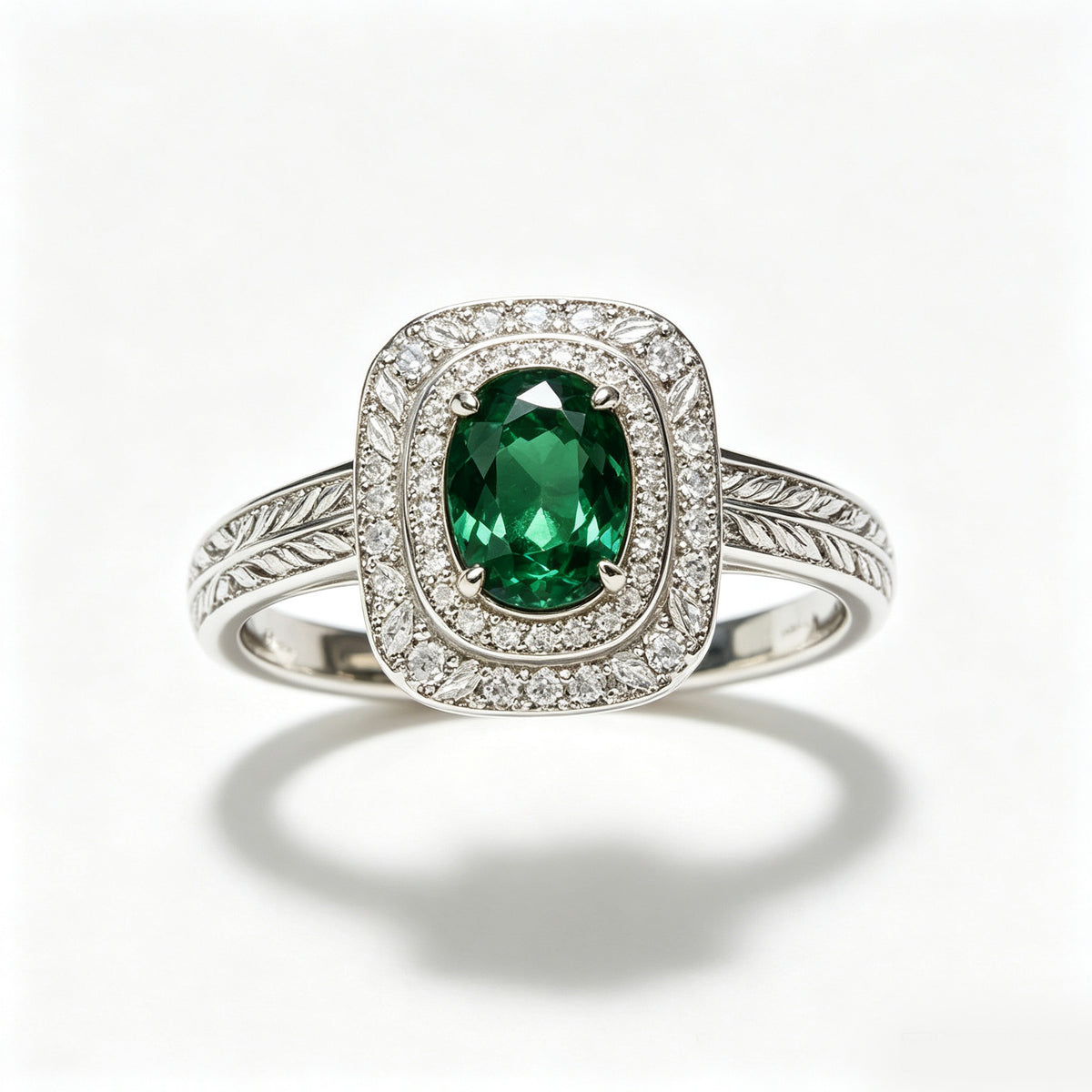 Oval Emerald Double Halo Silver Ring