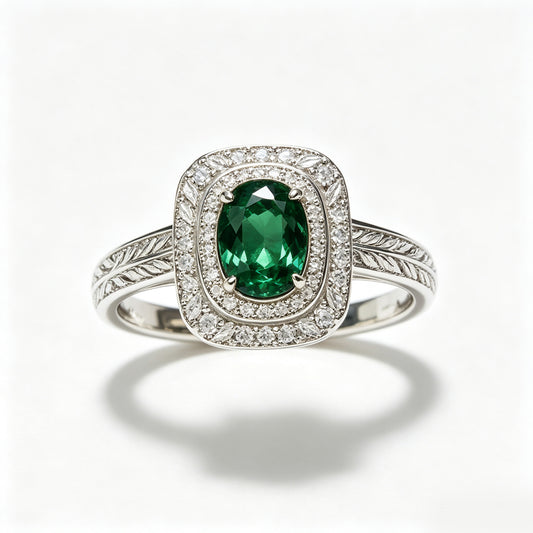Oval Emerald Double Halo Silver Ring