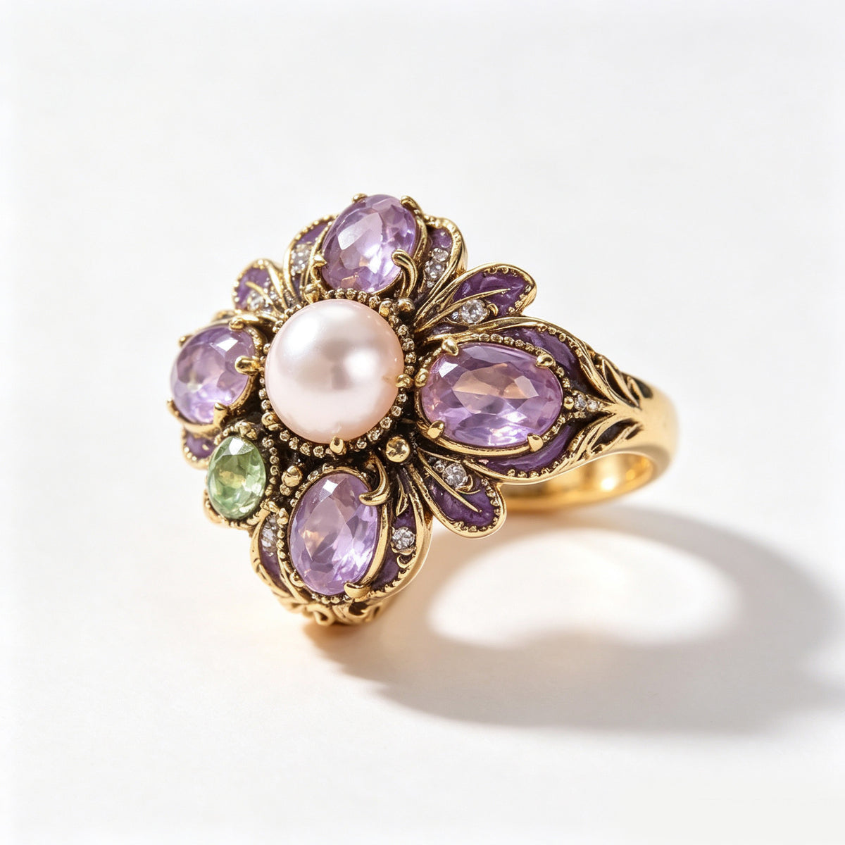 Pearl Amethyst and Peridot Antique Gold Floral Ring