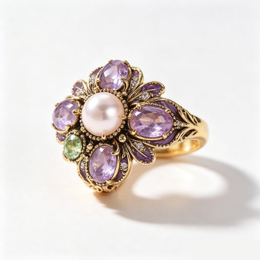 Pearl Amethyst and Peridot Antique Gold Floral Ring