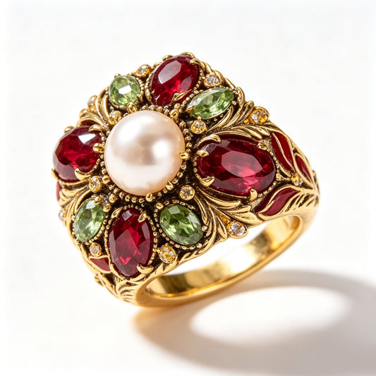 Pearl Ruby and Peridot Antique Gold Ring