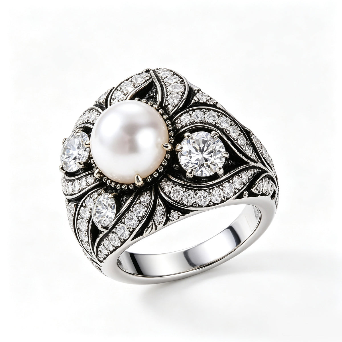 Pearl and Pave Crystal Ornate Silver Ring