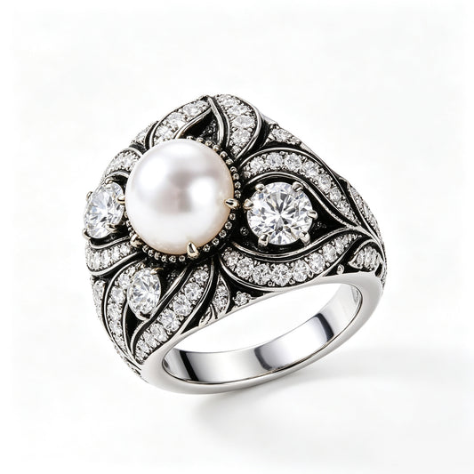Pearl and Pave Crystal Ornate Silver Ring