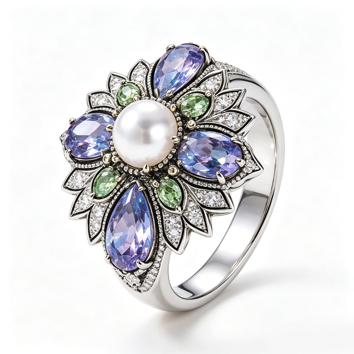 Pearl and Multi-Gemstone Floral Silver Ring