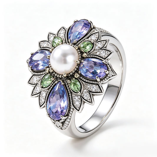 Pearl and Multi-Gemstone Floral Silver Ring