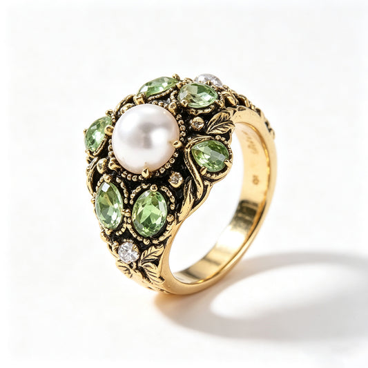 Baroque Pearl and Peridot Antique Gold Cluster Ring