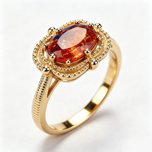 Oval Amber Citrine Beaded Filigree Gold Ring