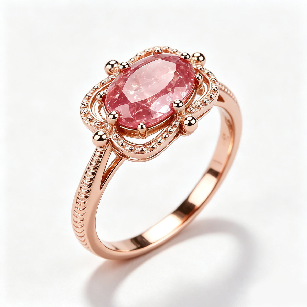 Oval Pink Tourmaline Beaded Filigree Rose Gold Ring