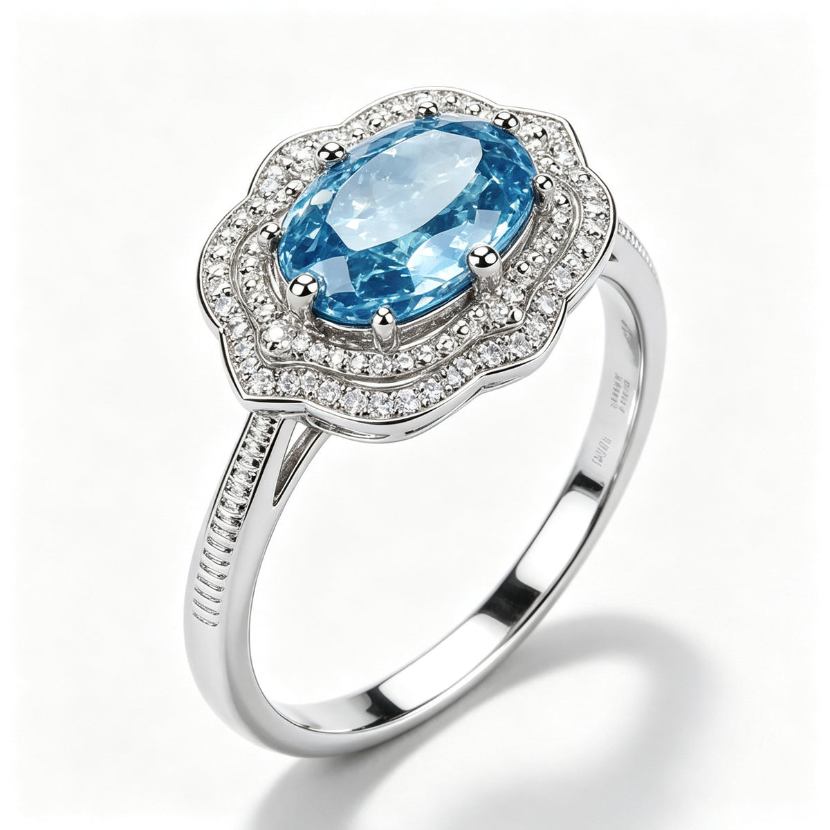 Oval Aquamarine Scalloped Halo Silver Ring
