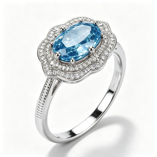 Oval Aquamarine Scalloped Halo Silver Ring