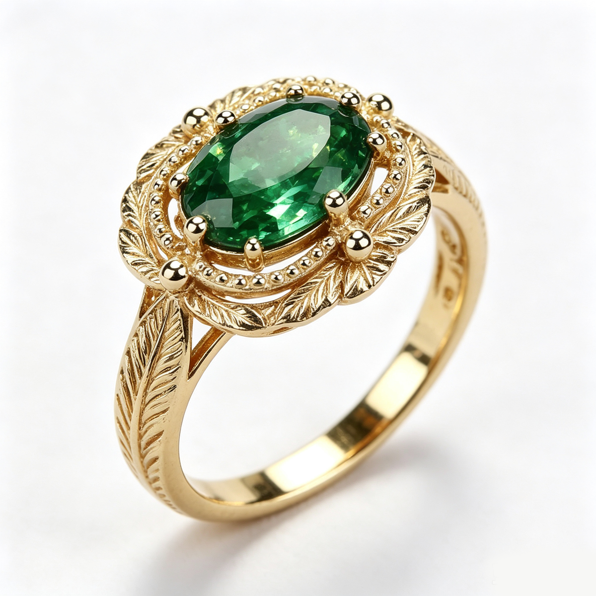 Oval Emerald Leaf Filigree Gold Ring