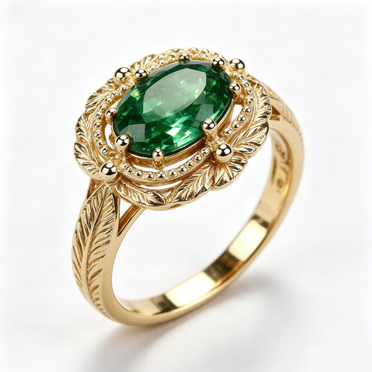 Oval Emerald Leaf Filigree Gold Ring