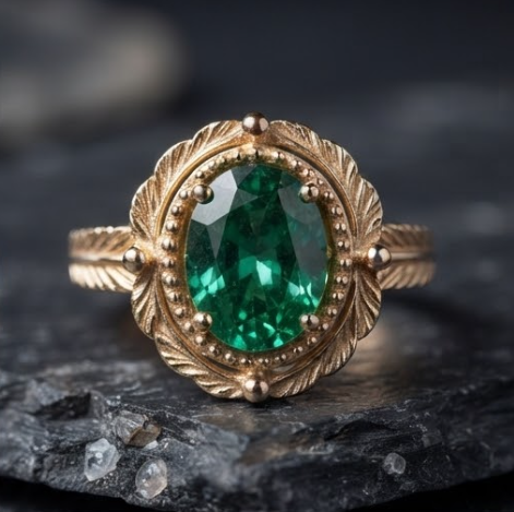 Oval Emerald Leaf Filigree Gold Ring
