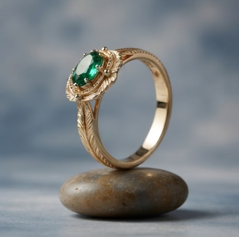 Oval Emerald Leaf Filigree Gold Ring