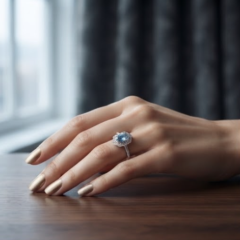 Oval Aquamarine Scalloped Halo Silver Ring