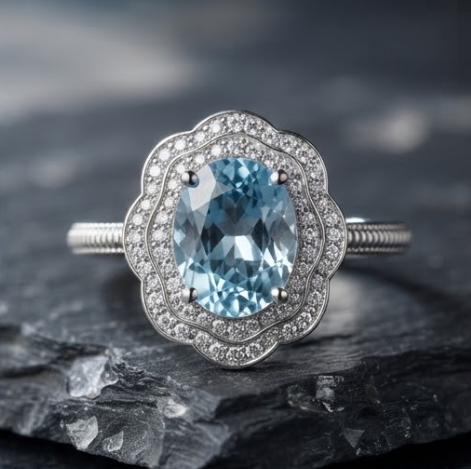 Oval Aquamarine Scalloped Halo Silver Ring
