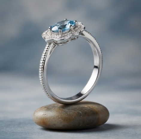 Oval Aquamarine Scalloped Halo Silver Ring