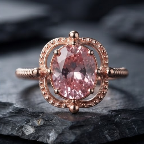 Oval Pink Tourmaline Beaded Filigree Rose Gold Ring