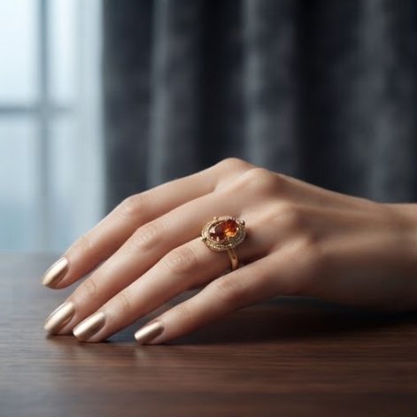 Oval Amber Citrine Beaded Filigree Gold Ring