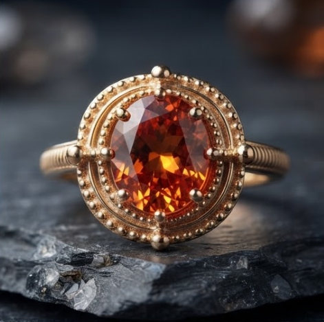 Oval Amber Citrine Beaded Filigree Gold Ring