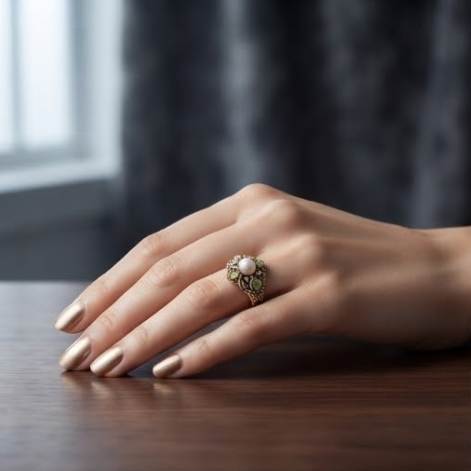 Baroque Pearl and Peridot Antique Gold Cluster Ring