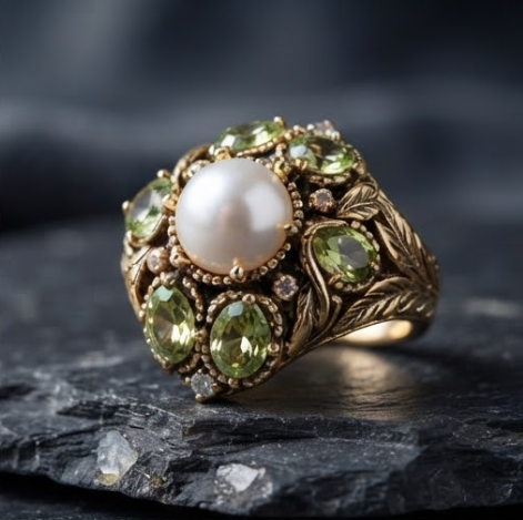Baroque Pearl and Peridot Antique Gold Cluster Ring