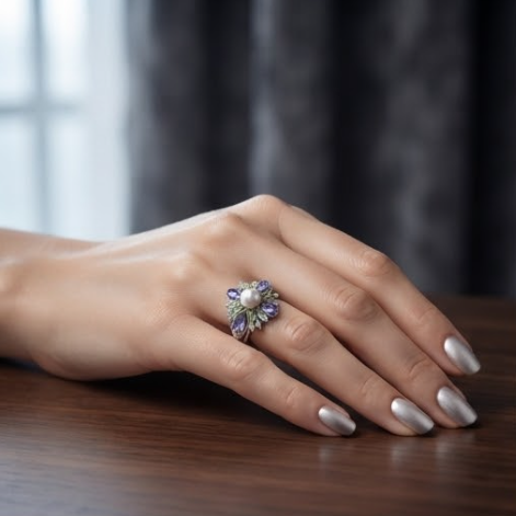 Pearl and Multi-Gemstone Floral Silver Ring