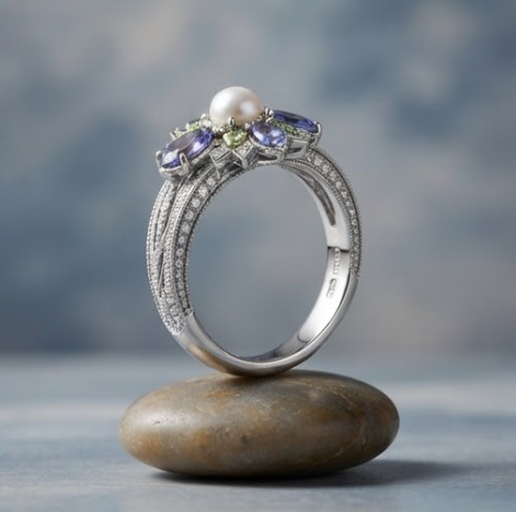 Pearl and Multi-Gemstone Floral Silver Ring