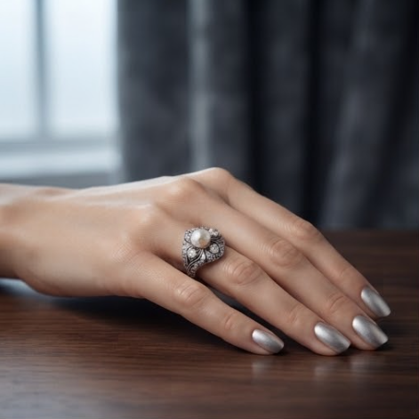 Pearl and Pave Crystal Ornate Silver Ring