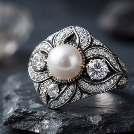 Pearl and Pave Crystal Ornate Silver Ring