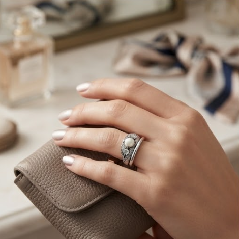 Pearl and Pave Crystal Ornate Silver Ring