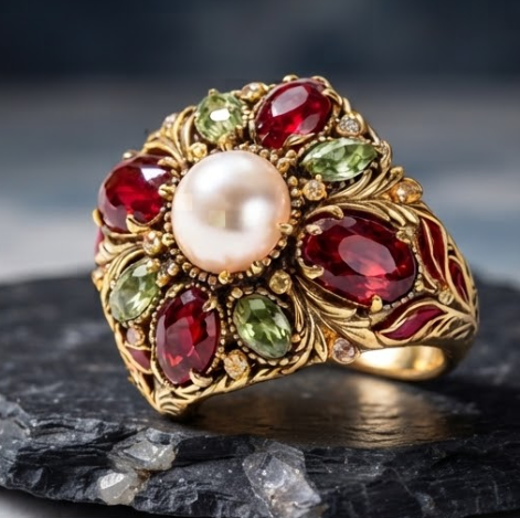 Pearl Ruby and Peridot Antique Gold Ring