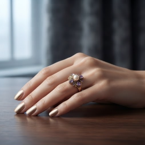 Pearl Amethyst and Peridot Antique Gold Floral Ring