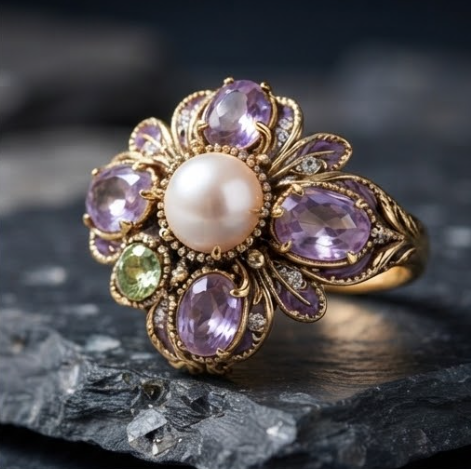 Pearl Amethyst and Peridot Antique Gold Floral Ring