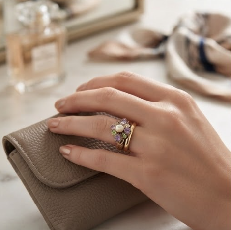 Pearl Amethyst and Peridot Antique Gold Floral Ring