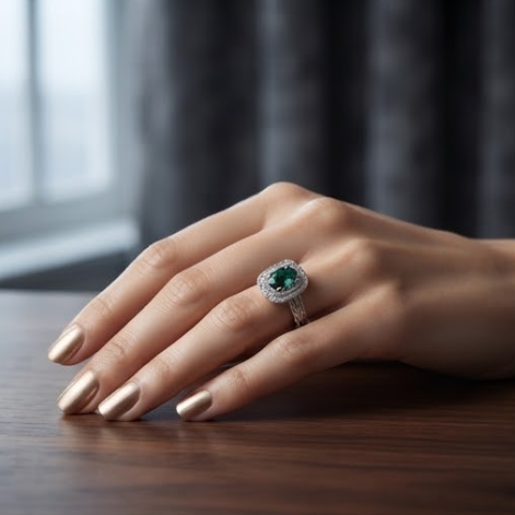 Oval Emerald Double Halo Silver Ring