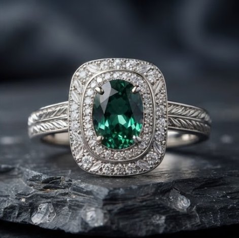 Oval Emerald Double Halo Silver Ring