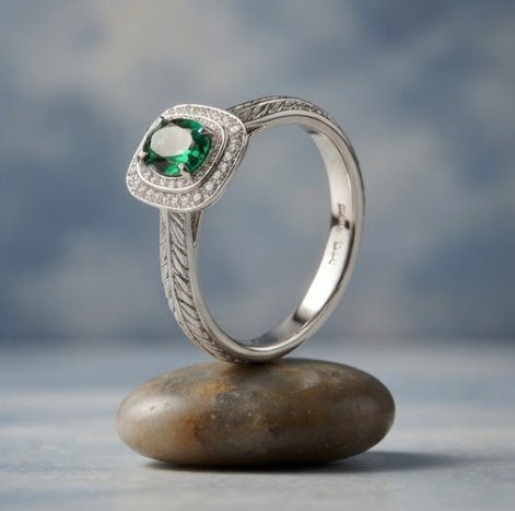 Oval Emerald Double Halo Silver Ring