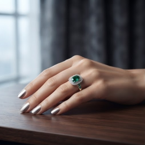 Oval Emerald Double Halo Accent Silver Ring