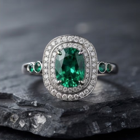 Oval Emerald Double Halo Accent Silver Ring