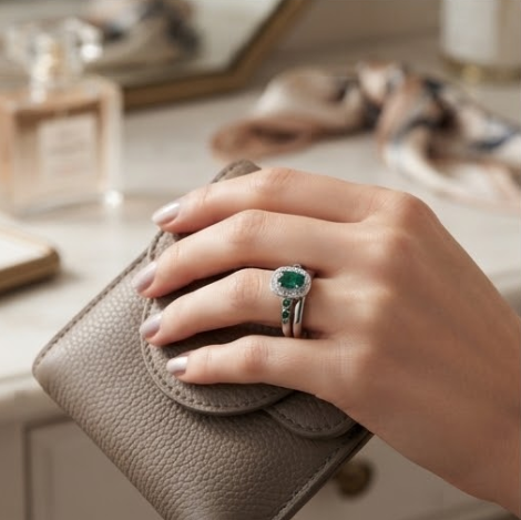 Oval Emerald Double Halo Accent Silver Ring