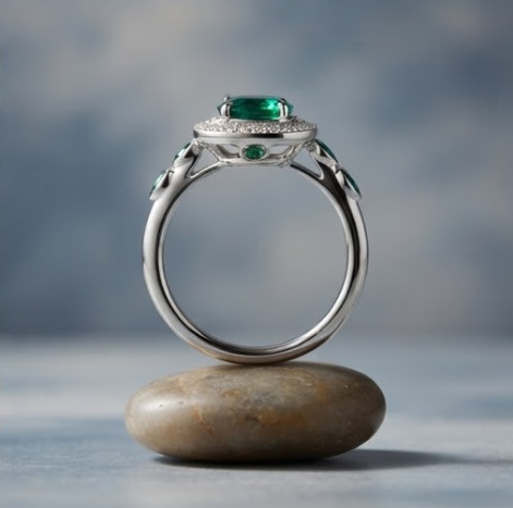 Oval Emerald Double Halo Accent Silver Ring