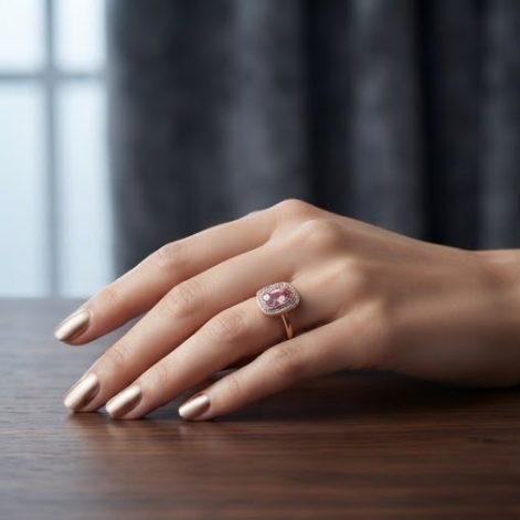 Oval Pink Sapphire Double Halo Rose Gold Ring