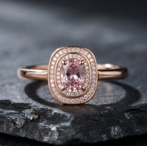 Oval Pink Sapphire Double Halo Rose Gold Ring