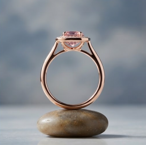 Oval Pink Sapphire Double Halo Rose Gold Ring